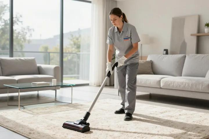 Professional cleaner vacuuming a bright, modern space