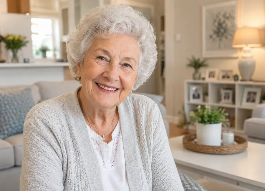 Smiling senior woman in a bright, comfortable home